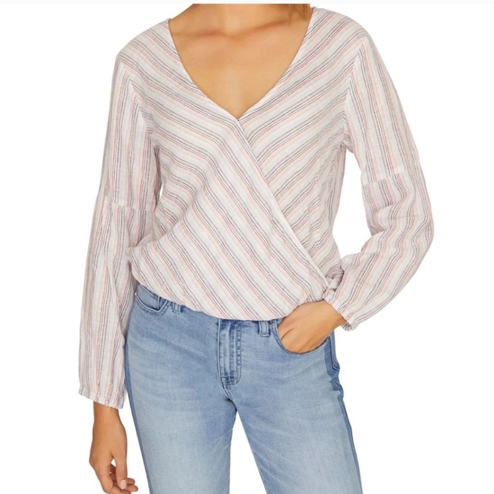 NWT Sanctuary Linen‎ Blend Striped Faux Wrap Long Sleeve Blouse Small